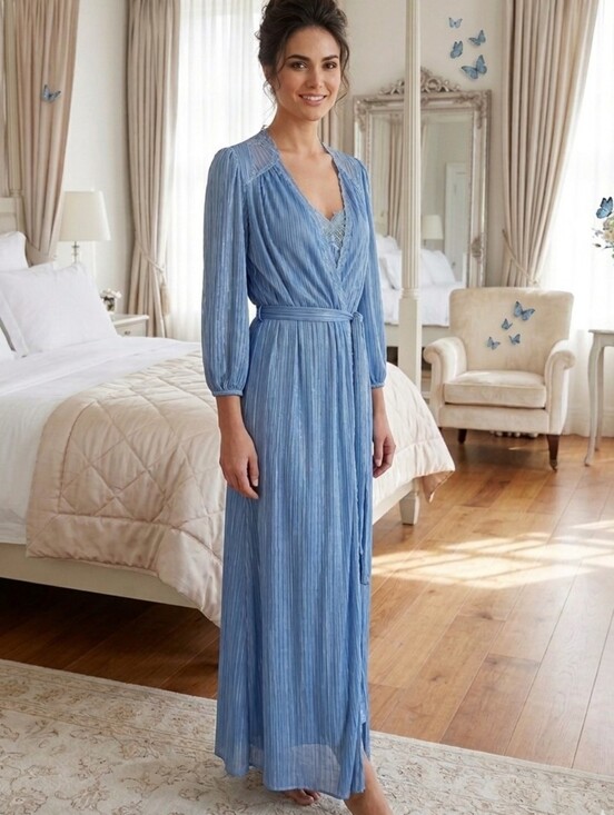 Marcelouche Other - 🦋COORD SET🦋BUTTERFLY Light Blue VINTAGE Negligee+Wrap Robe Self-Tie Belt Sz M